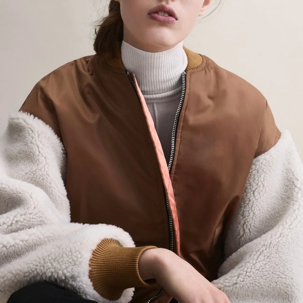 NEW Maje x Schott Boston Shearling Bomber Jacket (Sz FR 40 / US 8) Caramel - Picture 2 of 16